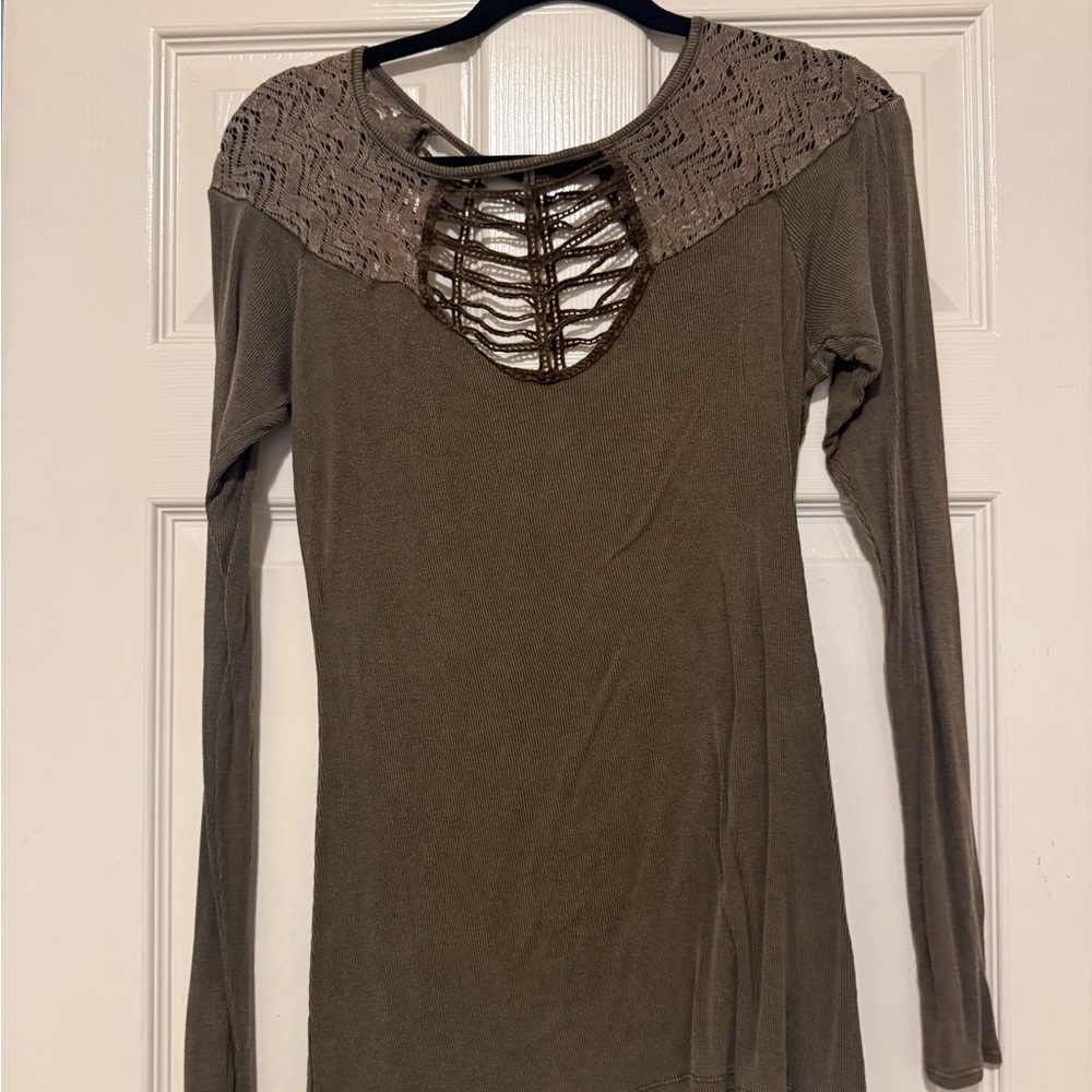 Buckle Olive Green Lace Detail Long Sleeve Top